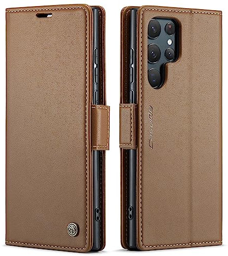 QLTYPRI Hülle für Samsung Galaxy S22 Ultra Handyhülle mit RFID Schutzhülle, Vintage Leder Hülle mit Kartenfach Ständer PU Ledertasche Stoßfeste Flip Wallet Case für Samsung S22 Ultra - Braun