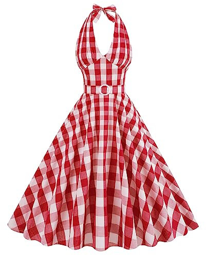 Femmes Années 1950 Carreaux Vintage Cocktail Robe Col Dos Nu V Cou Une Ligne Rockabilly Swing Robe de Soirée de Mariage Rouge-Blanc XXL