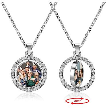 PiercingJak Collier Personnalisé Photo Homme Femme Double Face Pendentif Rond Tournant Strass Photo Personnalisable Cadeau Couple Amour Amoureux Amitié Famille Anniversaire Noël (Argent)