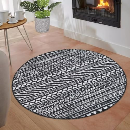 GlowSol Runder Teppich, 122 cm, moderner geometrischer Bereich, weicher Kreisteppich, marokkanischer Teppich, waschbar, rutschfest, für Küche, Wohnzimmer, Schlafzimmer, Schwarz, 1,2 m rund