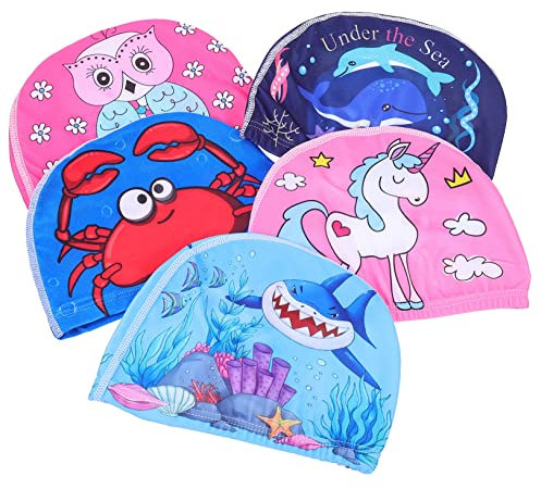 Supvox Elastisches Badekappen-Set für Jungen und Mädchen 5er-Pack Lustige Cartoon-Designs Leichtes Polyester Sicher für Jungen und Mädchen Tragbares Schwimmzubehör