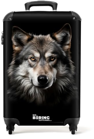 NoBoringSuitcases© Handgepäck Koffer Trolley Reisekoffer Handgepäck-Koffer | 55x35x20 cm - 4 Rollen Leicht Kabinenkoffer Flugzeug Wolf - Schwarz - Grau