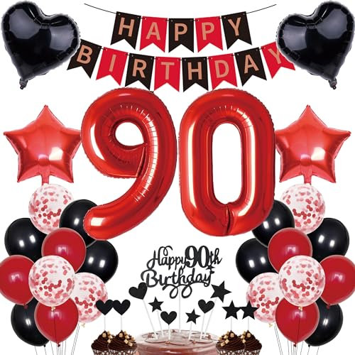 90. Geburtstag Dekorationen Mann Frauen Deko Geschenk für 90. Geburtstag Tortendeko 90 Geburtstag Frauen Happy Birthday Banner Rot Schwarz Deko Set 90 jahre Geburtstag deko Zahl 90 Party Ballons