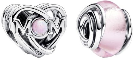 NUNUYAYA Charms Abaloriosde Cuentas Plata de Ley 925 con Circonita Cúbica Pink Mini Murano Glass Mom Heart Charms Colgante Compatible con Niña Mujer Europeo Pulsera Collar 2 juegos