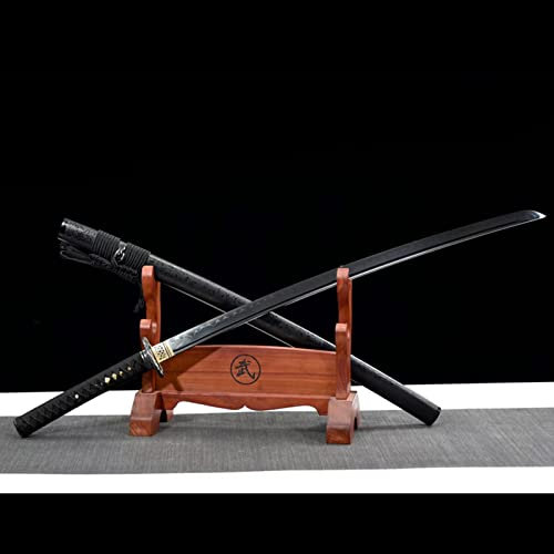 KWXPW 103cm schwarzes Flügel Samuraischwert mit Massivholzlackscheide,T10 gebrannte Klinge,geschwärzte Samuraischwerter,handgemachtes Katana für Kendo-Praxis,Geschenk,Display,Sammlung,Heimtextilien