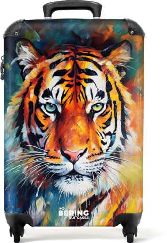 NoBoringSuitcases© Handgepäck Koffer Trolley Reisekoffer Handgepäck-Koffer | 55x35x20 cm - 4 Rollen Leicht Cabin Trolley Hartschalenkoffer Ölfarbe - Tiger - Farbenfroh