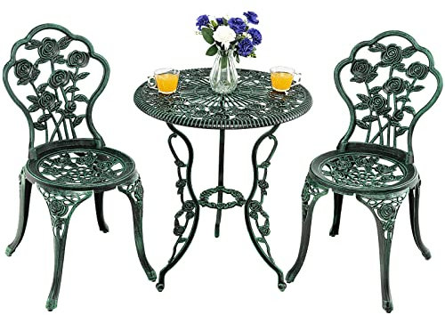 TANGZON 3 Pieces Patio Bistro Set, Outdoor Cast Aluminum Round Dining Table and 2 Chairs Set with Umbrella Hole, Garden Dining Furniture Set for Balcony Backyard Poolside Lawn (Green)