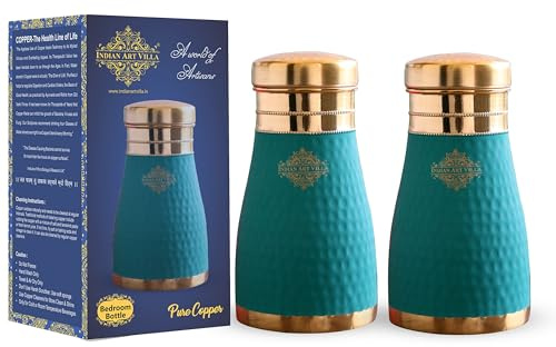 INDIAN ART VILLA Schlafzimmerflasche aus Kupfer, gehämmert, graues Seiden-Finish, mit integriertem Glas, Volumen: 600 ml, 2 Stück