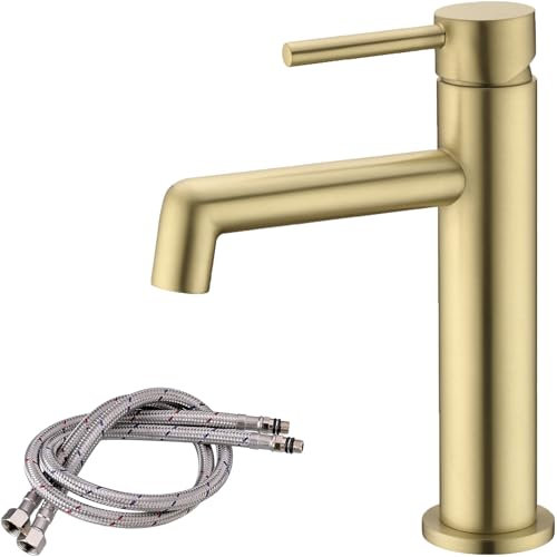 TRUSTMI Grifo de baño de latón, lavabo de latón grifo frío-caliente, montado en una cubierta perforada, oro cepillado