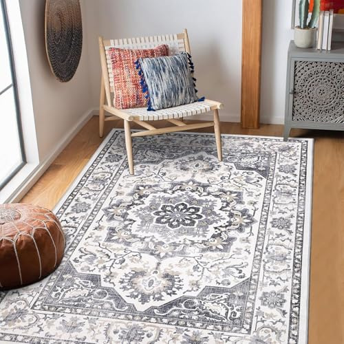 SHACOS Teppich Wohnzimmer, Retro Boho Kurzflor Waschbarer Teppich Schlafzimmer Alter Effekt, Weich Wohnzimmerteppich Modern Rutschfest Carpet für Living Room, Esszimmer, Büro, Dunkelgrau, 120 x 180 cm