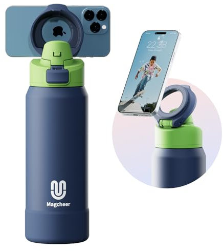 Magcheer Trinkflasche mit Magsafe 1L Wasserflasche mit Handyhalterung Magnet Flasche Hält 24 Stunden kalt Akuumisolierte Auslaufsichere Water Bottle für Sport Fitness(Dunkelblau)