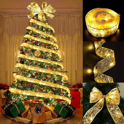 Glaxcidy Weihnachtsband Lichter, 5M/16.4FT 50 LEDs Batteriebetrieben Weihnachtslichterketten Band mit 2 Modi, DIY Weihnachtsbaum Deko Lichter für Garten Terrassen, Festliche Deko