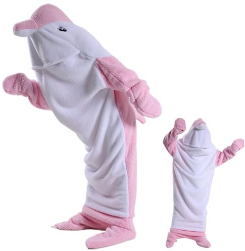 Shark tragbare Decke – Hai-Decke, Einteiler, Decke, gemütlicher Hai-Hoodie, weich, bequem, warm, Hai-Camping-Schlafsack, rosa Delfin, für Körpergröße 115–125 cm
