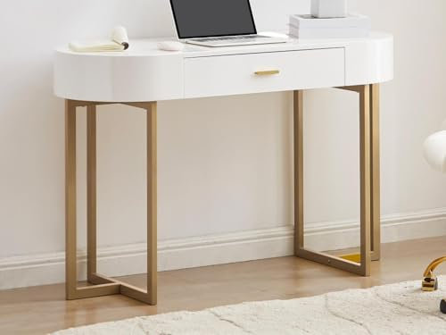 PASCAL MORABITO - Bureau Console avec 1 tiroir - MDF laqué et métal - Blanc et doré - TORELI II de