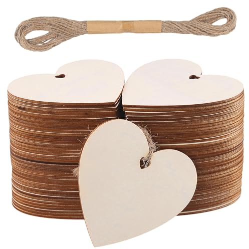 FUNSUEI 80 Cuori in Legno 10 cm con Foro e Corda di Iuta 10 m, Dischi di Compensato a Forma di Cuore da Appendere Fai da Te per Matrimonio e Compleanno