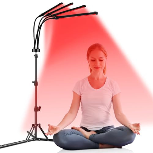 Hottoerak 4 Köpfe Rotlichtlampe mit Ständer, 660nm & 850nm Infrarotlampe, 180LEDs Rotlicht mit Zeitmessgerät und Flexibler Schwanenhals, Infarotlichtlampe für Den Hausgebrauch