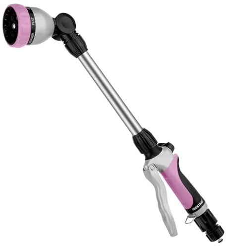 RESTMO 48cm Watering Lance, Long Metal Spray Lance | 180° Adjustable Ratcheting Head | 7 Spray Patterns Extension Hose Wand, Perfect Garden Sprayer Gun to Water Hanging Baskets, Shrubs, Pink