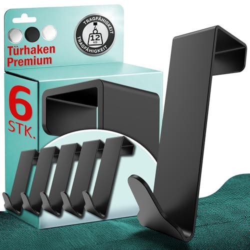 Menz Premium Türhaken zum Einhängen, 6er Set in Schwarz - Flexible Kleiderhaken Tür, extrem belastbare Türgarderobe aus Edelstahl, universelle Haken zum Einhängen, robuste Türhakenleiste
