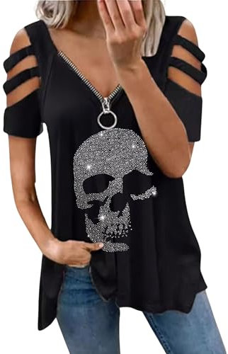 Gothic Kleidung Damen Punk Tshirt - Totenkopf Schwarz Kostüm Gruselig Skelett Hexenkostüm Top Shirt Langarm Y2k Oberteil(Black,S,1166w)