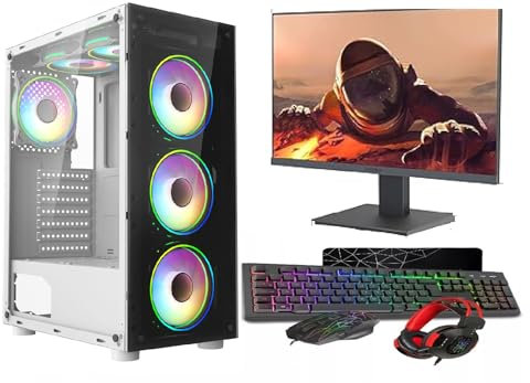 ASC Intel Core i7 Gaming PC Bundle, GT730 2GB Graphics, 8GB RAM, 128GB SSD + 500GB HDD, 500W 80+ PSU, White 6 Fan RGB Case, WiFi, Windows 11, 22 Monitor Bundle