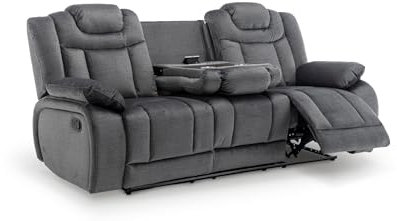 Grey Chenille 3 Seater Recliner Sofa – 2x Reclining Seats, Middle Drop-Down Table with USB, Power Sockets & Cup Holders, Ultra-Soft Padding, 3-Position Recline, Ideal for Home Cinema & Living Room