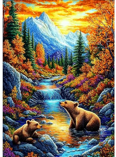 GHHKUD Herbst Landschaft Diamond Painting Set für Erwachsene, Bären 5D Diamant Painting Bilder für Erwachsene Anfänger, DIY Full Drill Diamant Malerei Bilder für Dekoration 30x40 CM
