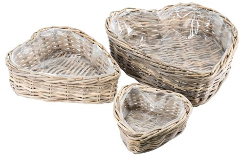 Klocke Dekorationsbedarf Pflanzherz Rattan Kubu – 3er Set in Herzform mit Folie (Natur, ⌀ 23/33/45cm)