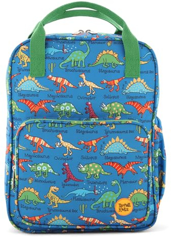 Tyrrell Katz Boys Dinosaurs Printed Backpack in Blue - Double Zip Kids School Rucksack with Bottle Pocket, Twin Handles & Adjustable Straps · Fits A4 Books · Made from Recycled Polyester