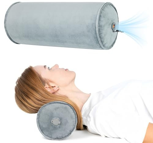 ONTYZZ Nackenrolle Aufblasbar Nackenkissen Grau Nackenstütz-Kissen Schläfchen Nackenhörnchen Rund Sofakissen für Auto Flugzeug Reisen Hause Büro Dekokissen 12.5 * 30CM