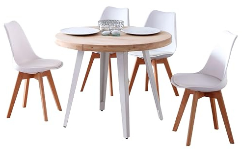 Conjunto de Mesa Extensible Redonda con 4 Sillas Estilo Moderno en Color Roble Nordish y Blanco