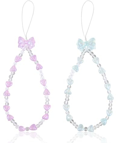 Reownest 2 Pack Phone Lanyard Charm Set - Cute Sparkling Crystal Bowknot Love Beaded Chain, Aesthetic Wrist Strap for Women Girls, Multi-Purpose Cellphone Bag Key Accessory - Blue,Purple