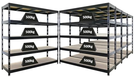 PROREGAL Mega Deal | 5X Profi Schwerlastregal Rhino | HxBxT 200x200x60cm | 5 Spanplatten-Ebenen 8mm | Fachlast 500kg | Schwarz | Garagenregal, Lagerregal, Steckregal, Weitspannregal