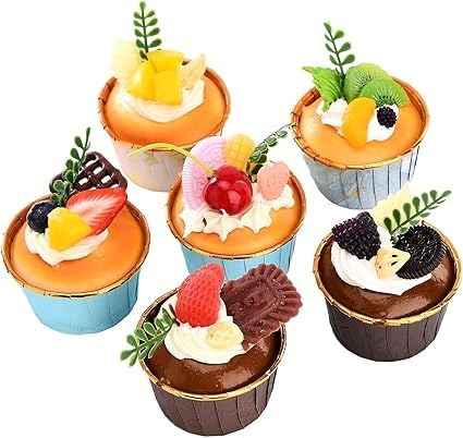Fulkued 6 Pcs Artificial Fake Cupcakes Model,Simulation Food Model,Children's Simulation Fruit Cakes,Artificial Toy Fake Food For Kitchen,Party,Bakery and Restaurant Decoration Dessert For Display