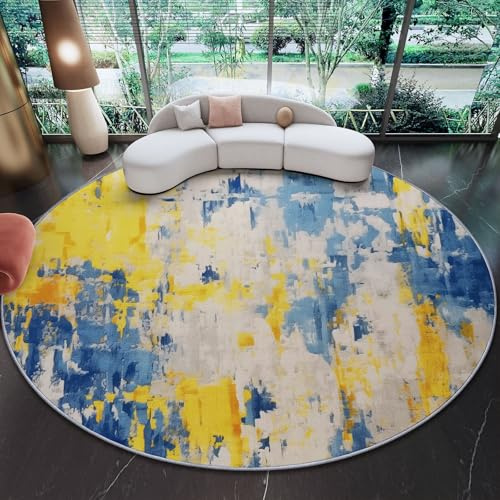 Waschbarer Teppich Rund 140 cm, Abstrakt Textur Linien Runder Wohnzimmer Schlafzimmer Rutschfester Teppich, Gelb Blau Kurzflor Carpet Living Room Bedroom Esszimmer Teppiche
