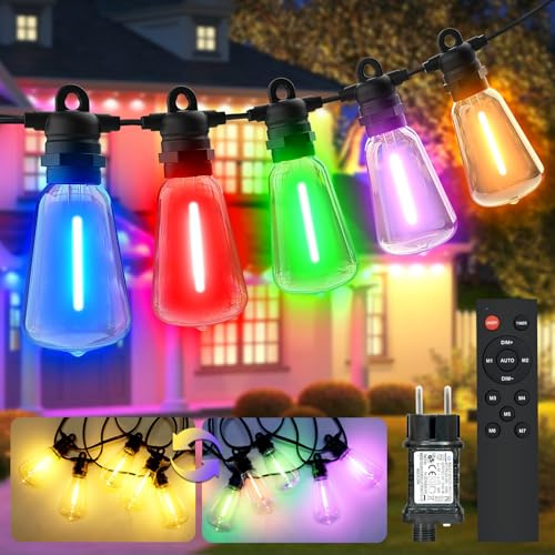 YIFMOO LED Lichterkette Außen Strom, Warmweiß & Farbwechsel, 15M 24 Glühbirnen, 8 Modi Lichterkette Outdoor mit Fernbedienung, IP68 ST38 Lichterketten für Innen Garten Balkon Pavillon Terrasse Deko