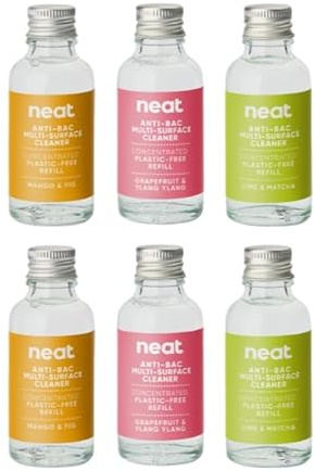 Neat Eco-Friendly Multi-Surface Antibacterial Spray Refill Kit – Mango & Fig, Grapefruit & Ylang Ylang, Lime & Matcha, Natural Cleaning Solution for Home & Office, Pet Friendly, Plant Based, 6x30ml