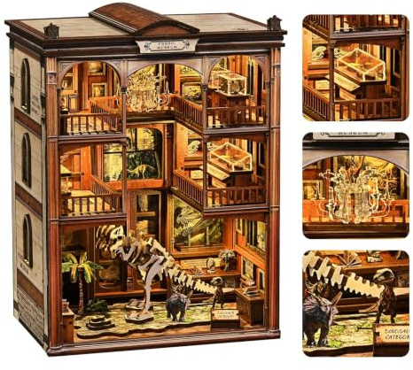 Dino-saurier Book Nook 3D Puzzle Modellbausätze-Fossilien-Museum Book Nook | Kit für Erwachsene mit LED-Licht, Holz DIY Bücherregal Deko Handwerk für Jugendliche ab 14 Jahren