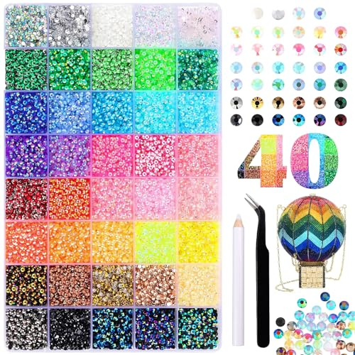 Lot de 32 000 strass de 40 couleurs, avec strass ronds à paillettes de 3 mm, pince à épiler et stylo à cire, pour le bricolage, divers travaux manuels, nail art, textiles et peinture au diamant