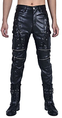 Idopy New Men`s Biker Style Black Faux Leather Trousers Front Lace UP Pants(Size: W34 85cm(33.5inch))