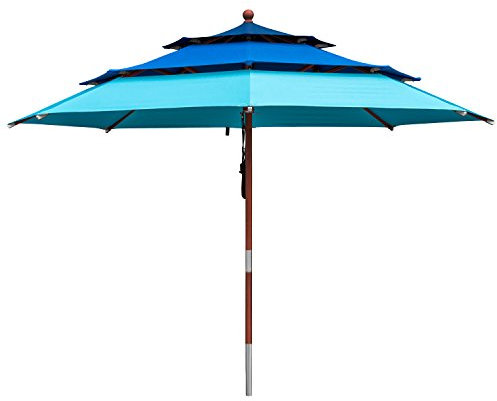 anndora Sonnenschirm 3-lagig 3,5 m rund DREILADREIFÜNF Design Gartenschirm - 3 Blau Töne edler Teakholzstamm
