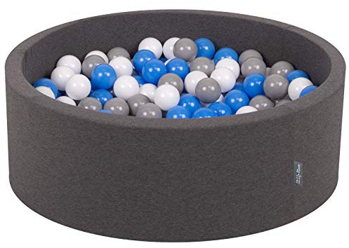 KiddyMoon OK30D-047 Bällebad 90X30cm/200 Bälle ∅ 7Cm Bällepool Mit Bunten Bällen Für Babys Kinder Rund, Dunkelgrau:Grau/Weiß/Blau