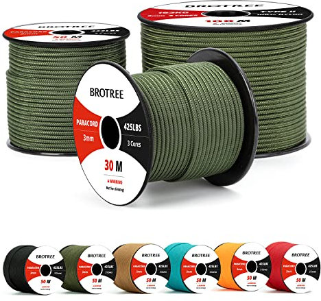 Brotree Paracord 3mm 30M 100% Nylon Seil Schnur Typ II Paracord 425 mit 3 Kern für Survival, Outdoor, Armband, Basteln - Bruchlast 192kg (Armee Grün)