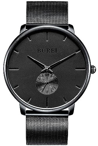 BUREI Herrenuhr Minimalistisch Schlank Schwarzes Zifferblatt Analog Quarz Uhr mit Schwarzem Mesh Armband