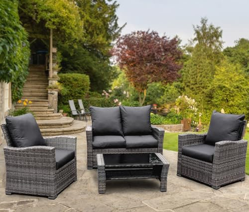 GOODS EMPORIUM 4 Seater Rattan Garden Furniture Set - Outdoor, Patio furniture, Conservatory Sofa sets - RAIN COVER INCLUDED (Dark Grey)
