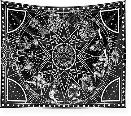 Lsimeru Sternenbild Wandteppich Wandtuch Psychedelic Schwarz Weiß Wandbehang Sternzeichen Mond Sonne Sterne Indischer Tapestry Wandtücher Wandkunst 150x130