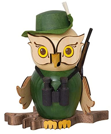Drechslerei Kuhnert Rauchfigur/Räucherfigur - Eule Jäger aus Massivholz - ca. 15 cm - Made in Germany