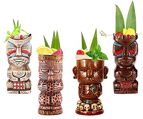 Tiki Becher -Tiki Party Dekoration - Cocktail-Set, 4 Stück, Keramik, Cocktailbecher, Tiki-Tassen, hawaiianische Party, niedliche, exotische Cocktailgläser, hawaiianische Tiki-Tasse,Q10