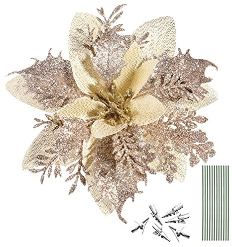 12 Pieces Christmas Poinsettia Flowers Glitter Artificial Poinsettia Flowers Christmas Poinsettia Decorations Christmas Tree Ornaments with 12 Pieces Stems and Clips ( Gold)