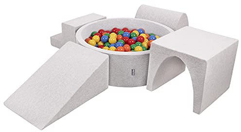 KiddyMoon Spielplatz Aus Schaumstoff Mit Rund Bällebad (200 Bälle) Ballgruben Für Babys Spielbad Hindernisläufen, Hergestellt In Der EU, Hellgrau:Gelb/Grün/Blau/Rot/Orange