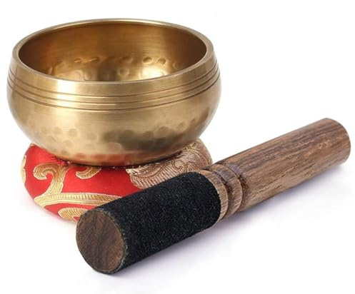 Cuenco tibetano de cobre con cojín y golpeador de madera | Hermosa terapia de vibración de sonido para curación holística, meditación, relajación y mantra de atención plena (liso)